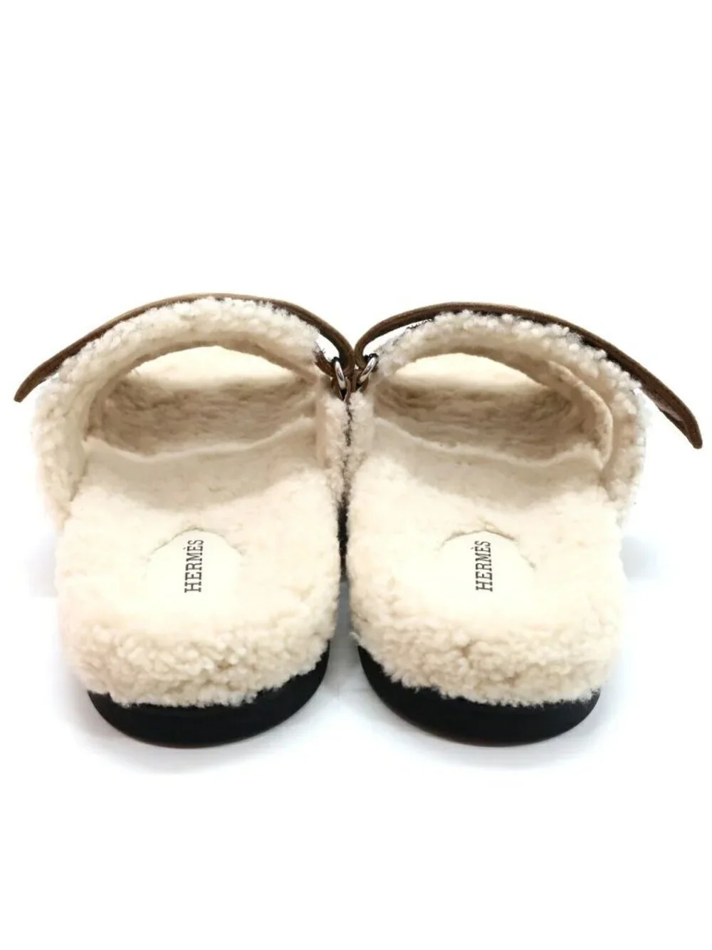 Hermes Heaven Chypre Sandals 42 Brown Fume Ecru Sheepskin Fluffy